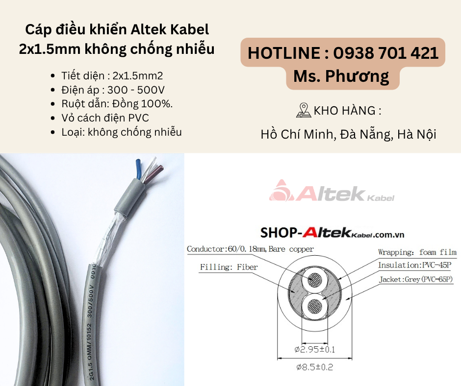 Cáp điều khiển Altek Kabel 2x1.5mm không chống nhiễu Đà Nẵng, Hồ Chí Minh, Hà Nộ